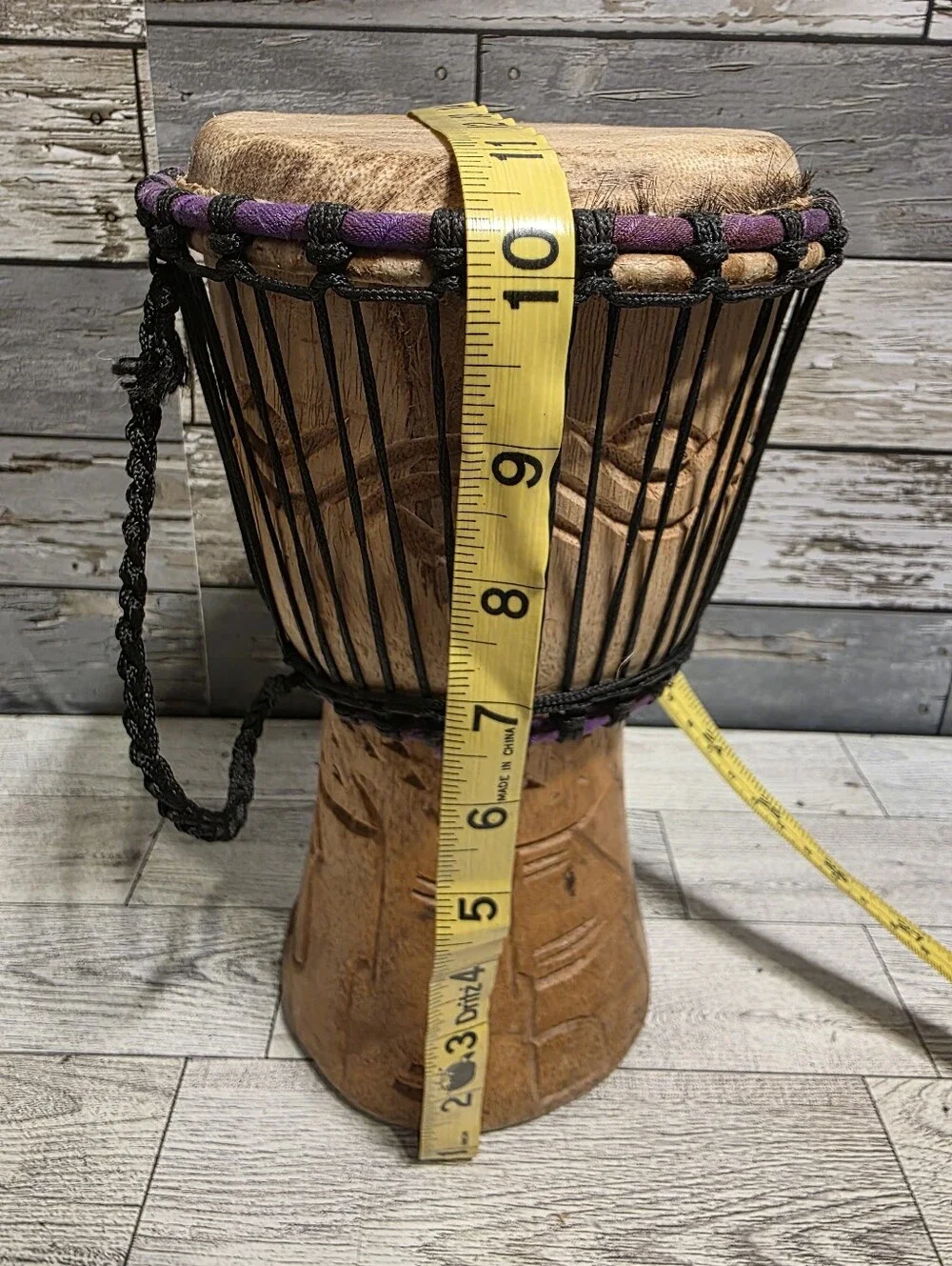 Hand-Carved African Djembe Drum with Natural and Purple Accents